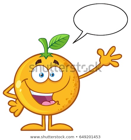 Foto stock: Happy Orange Fruit Cartoon Mascot Character Waving For Greeting