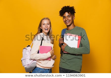 ストックフォト: Photo Of Smiling Students Guy And Girl 16 18 Wearing Backpacks H