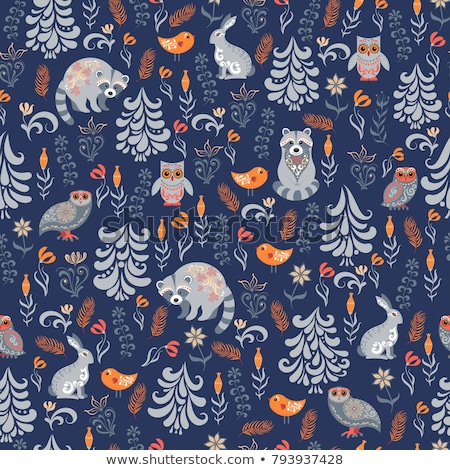 Stok fotoğraf: Scandinavian Seamless Vector Pattern With Flowers And Birds Nordic Folk Art Repetitive Black And Wh