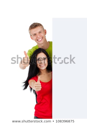 Stock photo: Happy Couple With Red Sale Sign Showing Thumbs Up