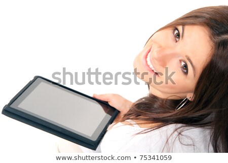 Foto stock: Woman Holding New Electronic Tablet Touch Pad Computer Pc And Th