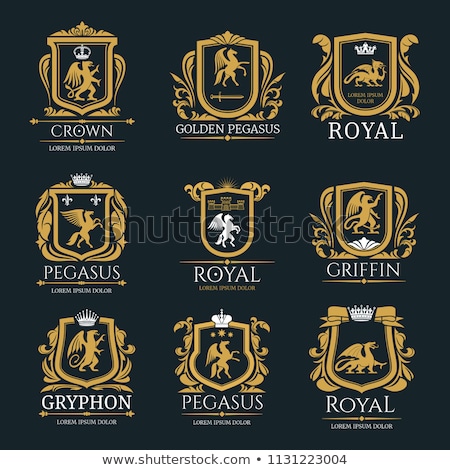 Foto stock: Shield And Animals Heraldic Set Symbol Pegasus And Lion And Gry