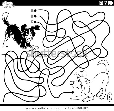 Stockfoto: Maze With Playful Dogs Coloring Book Page