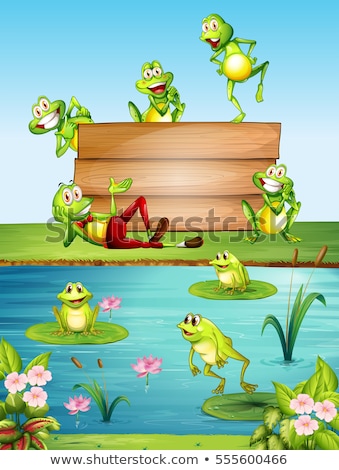 Foto d'archivio: Wood Sign With Many Frogs By The Pond