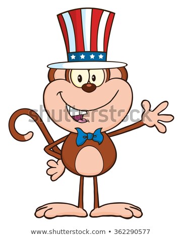 Foto d'archivio: Smiling Monkey Cartoon Character With Patriotic Usa Hat Waving