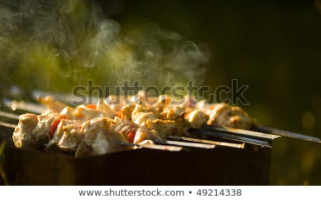 Foto stock: Shish Kebab In Process Of Cooking On Open Fire Outdoors