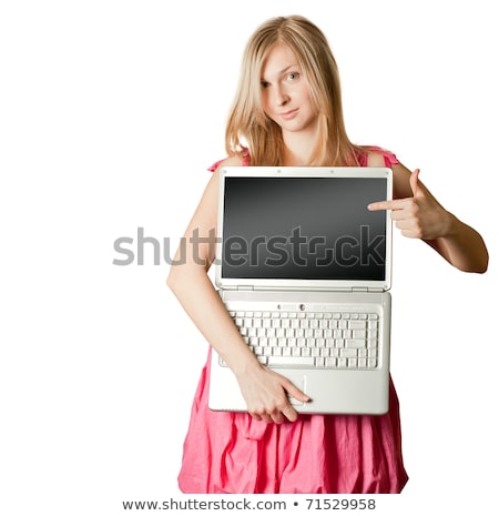 Femaile in Rosa mit offenem Laptop Stock foto © leedsn