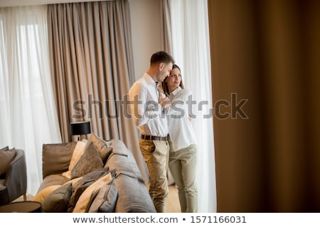 Сток-фото: Couple Embracing Standing In Living Room Of A Contemporary Apart