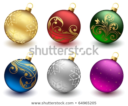 Foto stock: Blue Green Yellow And Red Christmas Ball Xmas Glass Ball On White Background Holiday Decoration