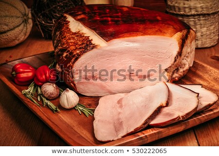 Stockfoto: Christmas Smoked Gammon Chopped Slices On Wooden Board With Spices