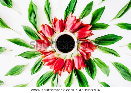 Foto stock: Bouquet Red Tulips And Cup Of Coffee