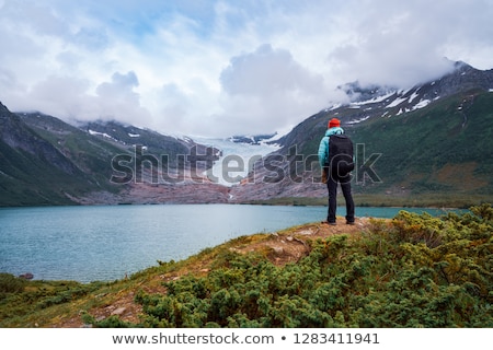 ストックフォト: Girl Tourist Looks At A Glacier Svartisen Glacier In Norway