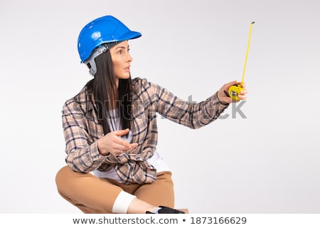 Stock photo: Workplace Of Modern Engineer With Hardhat Measuring Tape And Other Supplies