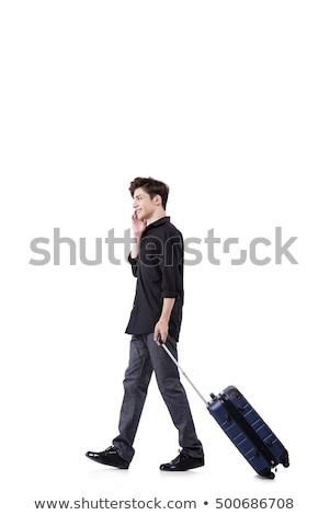 Foto stock: Funny Man With Suitcase Isolated On White