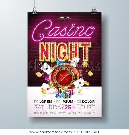 Stockfoto: Vector Casino Night Flyer Illustration With Roulette Wheel And Shiny Neon Light Lettering On Red Bac