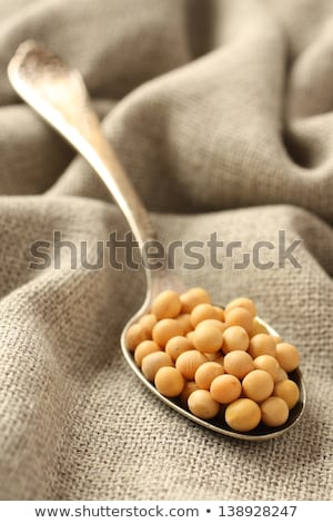 Foto stock: Soybeans In Metal Spoon On Sackcloth Background