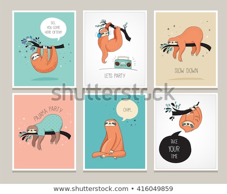 Stok fotoğraf: Cute Hand Drawn Sloths Illustrations Pajama Party Card Design