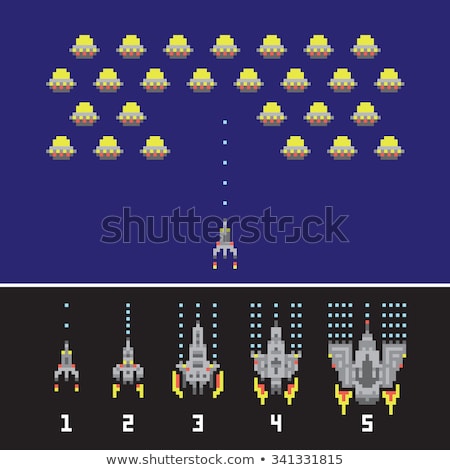 Foto stock: Retro Spaceship Pixel Art Game Rocket At Night