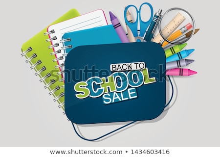 Stockfoto: Back To School Sale Design With Colorful Pencil Brush Scissors And Typography Letter On Chalkboard