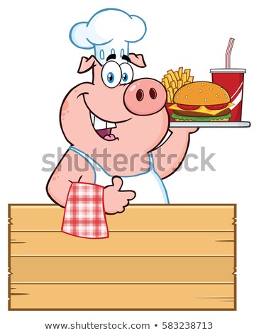 Stock foto: Chef Pig Cartoon Mascot Character Holding A Tray Of Fast Food Over A Wooden Sign Giving A Thumb Up