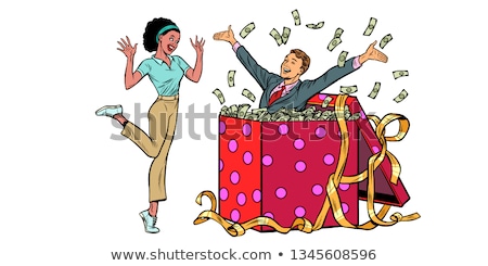 Foto stock: Businessman Husband Lots Of Money Holiday Gift Box African Woman Isolate On White Background