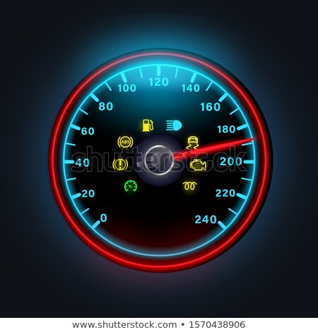 Zdjęcia stock: Bright Neon Digital Speedometer With Light Dashboard Indicators Yellow Warning Icons Of Engine Pet