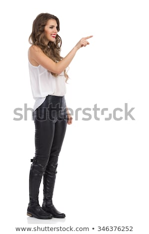 Stock fotó: Woman Pressing Virtual Button Isolated On White
