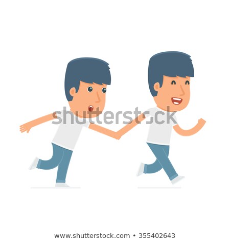 Foto stock: Happy And Joyful Character Activist Runs And Drags His Friend To