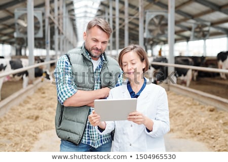 Stok fotoğraf: Contemporary Worker Of Dairy Farm Showing Her Colleague Online Information