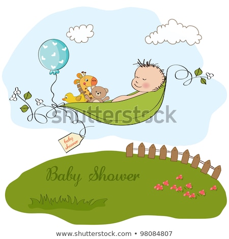 Foto stock: Little Boy Sleeping In A Pea Been Baby Announcement Card