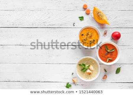 Foto stock: Homemade Assorted Soups With Ingredients