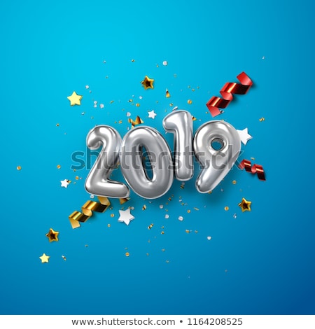 Foto stock: Happy New Year 2019 Silver Numbers With Ribbons And Confetti On A White Background Vector Illustra