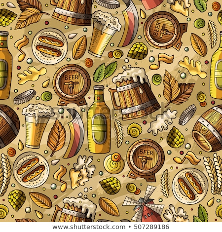 Foto stock: Cartoon Cute Hand Drawn Beer Fest Seamless Pattern