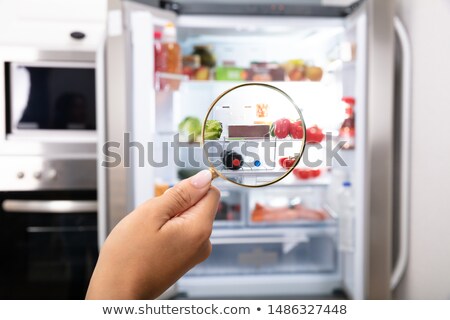 Stock fotó: Woman Looking Refrigerator Through Magnifying Glass