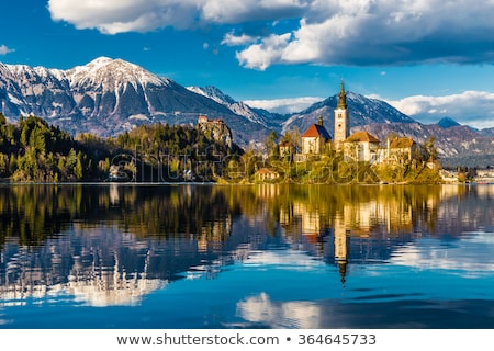 Stock fotó: An Island With Church In Bled Lake Slovenia At Sunrise