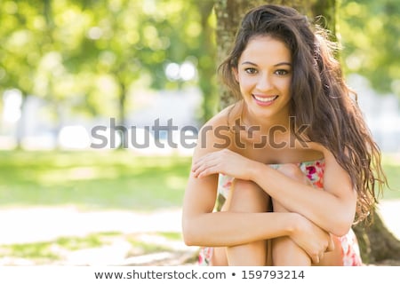 Сток-фото: Beautiful Brunette Woman In Green Long Dress Smiling