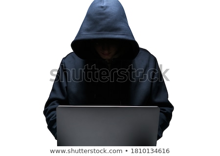 Foto stock: Criminal Hacker With Laptop On White