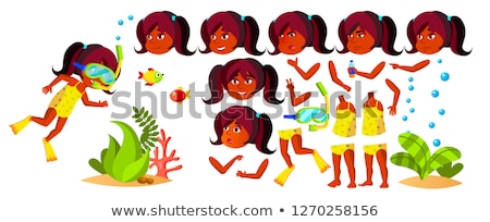 Stockfoto: Indian Girl Kindergarten Kid Vector Hindu Animation Set Face Emotions Gestures Swimmer Diver