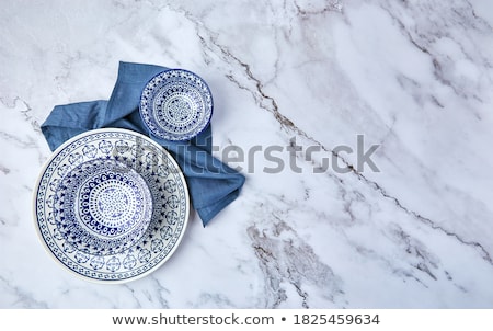 Foto stock: Blue Empty Plate On Marble Table Flatlay Background Tableware D