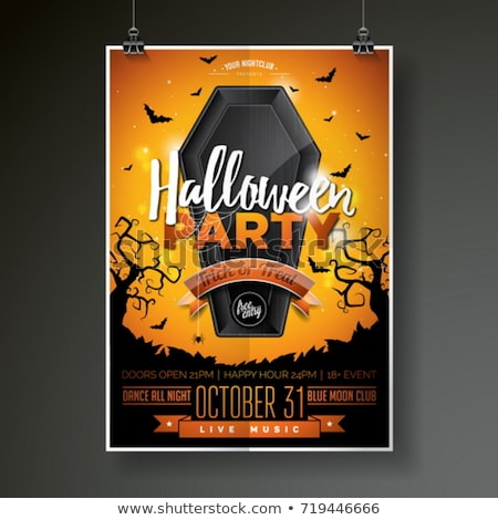 [[stock_photo]]: Halloween Party Flyer Vector Illustration With Black Coffin And Zombie Hands On Mysterious Moon Back