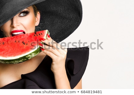 Stockfoto: Beautiful Blonde Girl With Red Lips And Manicured Nails Eating Sushi Healthy Japanese Food Beautif