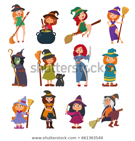Foto stock: Witch Cartoon Character Flying On Broomstick
