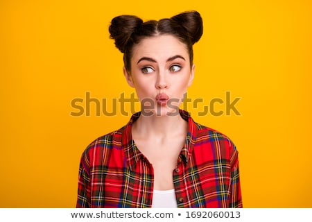 Zdjęcia stock: Closeup Of Shy Girl With Red Hair In Checkered Shirt