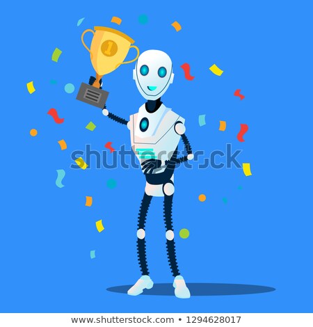 Foto d'archivio: Robot Holds The Winner Cup In Hand Vector Isolated Illustration