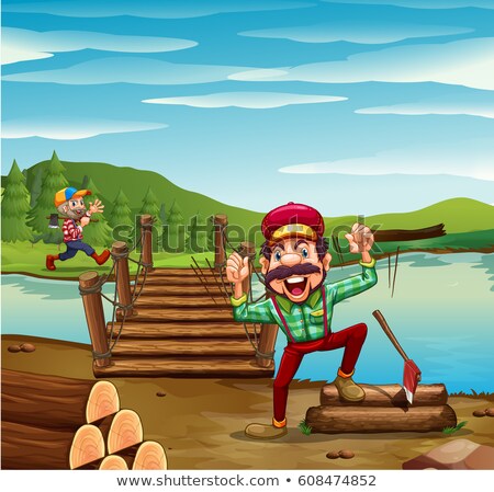 Foto stock: Two Scenes With Lumberjacks Chopping Woods