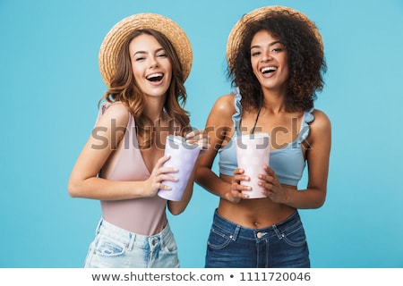 Stock foto: Image Of Beautiful Woman 20s Holding Straw Hat And Laughing Whi