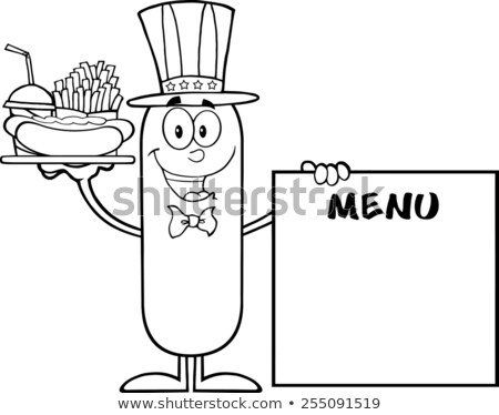 [[stock_photo]]: Black And White Patriotic Sausage Carrying A Hot Dog French Fries And Cola Next To Menu Board