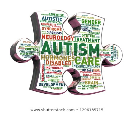 Foto d'archivio: 3d Shiny Puzzle Piece Shape Of Autism Wordcloud Tag