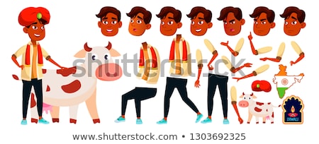 Zdjęcia stock: Indian Boy Vector Diwali Holy Cow High School Child Animation Creation Set Face Emotions Gest