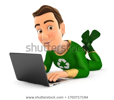 3d Green Hero Lying On The Floor And Using Laptop Zdjęcia stock © 3dmask